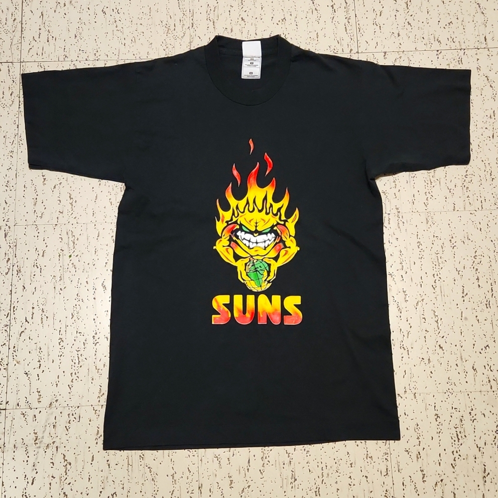 Phoenix Suns Black Flame Spellout Logo Crewneck T-Shirt Vintage 90s